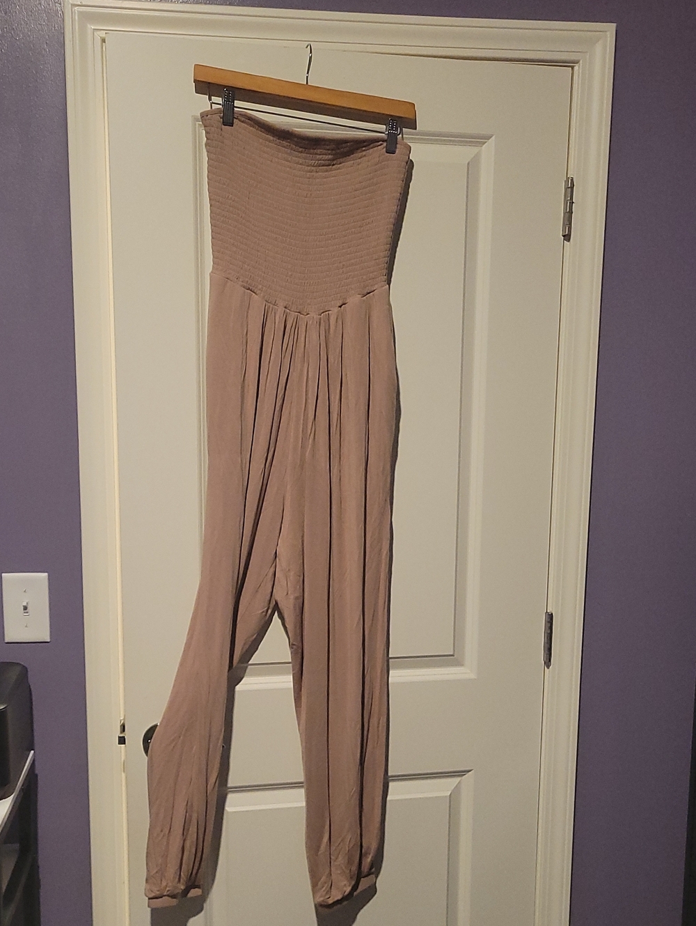 Fashion to Figure Strapless Smocked Jumpsuit in Dusty Mauve-Taupe